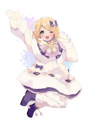 Rule 34 | 1girl, absurdres, aqua eyes, bad id, bad pixiv id, blonde hair, blue footwear, blue ribbon, boots, commentary, dress, full body, fur-trimmed boots, fur-trimmed dress, fur trim, hair ornament, hair ribbon, hairclip, highres, kagamine rin, legs up, looking at viewer, mittens, one eye closed, open mouth, outstretched arm, project sekai, ribbon, sasakura (npdk7484), short hair, smile, solo, swept bangs, vocaloid, white dress, white mittens, yuki rin