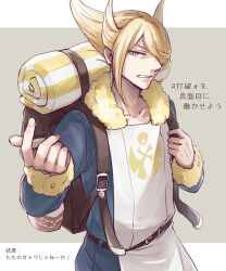 Rule 34 | 1boy, backpack, bag, blonde hair, clenched teeth, commentary request, creatures (company), game freak, hair over one eye, hat, highres, looking at viewer, male focus, nintendo, no headwear, official alternate hairstyle, one eye covered, pokemon, pokemon legends: arceus, rigu (aiide), short hair, solo, teeth, translation request, volo (pokemon), yellow eyes