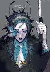 Rule 34 | 1boy, black coat, black eyes, blue hair, blue sclera, blue shirt, bug, butterfly, coat, collared shirt, colored sclera, colored skin, gloves, grey background, hand up, highres, holding, holding knife, insect, knife, long hair, looking at viewer, male focus, necktie, parted lips, pigeon666, sanpaku, scar, scar on arm, shirt, simple background, solo, surgical scar, upper body, white gloves, white necktie, white skin, wing collar