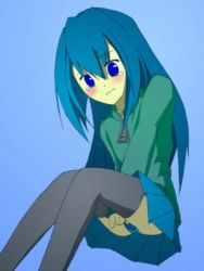 Rule 34 | 1girl, azukilib, between legs, black thighhighs, blue background, blue eyes, blue hair, blue panties, blue skirt, blush, character request, embarrassed, female focus, flat chest, from below, green jacket, hair between eyes, hand between legs, have to pee, jacket, leaning forward, long hair, lowres, miniskirt, panties, pleated skirt, simple background, skirt, solo, standing, tears, thighhighs, underwear, upskirt, wet, wet clothes, wet panties, zipper pull tab