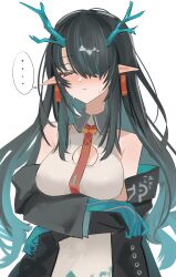 Rule 34 | ..., 1girl, arknights, bare shoulders, black hair, black jacket, blue hair, blue skin, breasts, closed eyes, closed mouth, colored skin, crossed arms, dragon horns, dress, dusk (arknights), earrings, facing viewer, hair over one eye, highres, horns, jacket, jewelry, large breasts, long hair, long sleeves, multicolored hair, necktie, open clothes, open jacket, pointy ears, red necktie, shino duka, simple background, solo, speech bubble, spoken ellipsis, streaked hair, two-tone hair, upper body, very long hair, white background, white dress