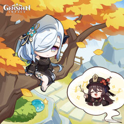 Rule 34 | 2girls, absurdres, black dress, branch, breasts, brown hair, bush, chibi, closed eyes, closed mouth, commentary, copyright name, day, dot nose, dress, earrings, english commentary, falling leaves, flower, genshin impact, grey hair, hair ornament, hair over one eye, hat, hat flower, highres, holding, holding branch, hu tao (genshin impact), in tree, jewelry, leaf, long hair, long sleeves, medium breasts, multiple girls, musical note, official alternate costume, official art, open mouth, outdoors, pelvic curtain, red flower, ring, shenhe (frostflower dew) (genshin impact), shenhe (genshin impact), sitting, sitting in tree, slime (genshin impact), sparkle, swept bangs, tassel, tassel earrings, tree, very long hair, vision (genshin impact)