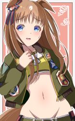 Rule 34 | 1girl, 96dai 0313, absurdres, animal ears, blue eyes, bomber jacket, border, brown hair, commentary request, cosplay, cropped jacket, ears down, grass wonder (umamusume), green jacket, green shirt, groin, harness, highres, horse ears, horse girl, horse tail, jacket, long hair, long sleeves, mayano top gun (umamusume), mayano top gun (umamusume) (cosplay), midriff, multicolored hair, navel, open clothes, open jacket, pink background, shirt, simple background, solo, squiggle, streaked hair, tail, umamusume, white border, white hair