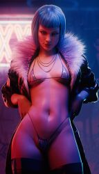 Rule 34 | 1girl, 3d, absurdres, bikini, blue hair, breasts, cowboy shot, cyberpunk (series), cyberpunk 2077, evelyn parker, fugtrup, fur-trimmed jacket, fur trim, highres, jacket, jewelry, looking at viewer, medium breasts, micro bikini, navel, necklace, open clothes, open jacket, short hair, solo, swimsuit, thighhighs