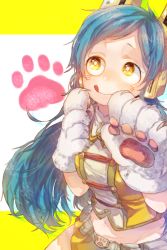 Rule 34 | 10s, 1girl, :p, animal hands, blue hair, boku no hero academia, facial mark, finger to mouth, gloves, headgear, kumagu, looking up, midriff, paw gloves, paw print, ragdoll (boku no hero academia), skirt, smile, solo, tongue, tongue out, whisker markings, yellow eyes