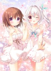 Rule 34 | 2girls, ;d, aono ribbon, bare arms, bare shoulders, blue bow, blue ribbon, blush, bow, braid, breasts, brown hair, cherry blossoms, cleavage, closed mouth, commentary request, day, dress, frilled dress, frills, hair between eyes, hair ribbon, hand up, hands up, holding hands, interlocked fingers, large breasts, long hair, multiple girls, one eye closed, open mouth, original, outdoors, outstretched arm, petals, puffy short sleeves, puffy sleeves, purple eyes, red eyes, ribbon, short sleeves, side ponytail, sleeveless, sleeveless dress, small breasts, smile, standing, v, white dress, white hair