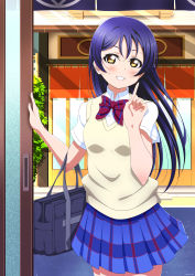 Rule 34 | 1girl, absurdres, bag, blue hair, blush, bow, bowtie, commentary request, cowboy shot, hair between eyes, highres, index finger raised, isami don, long hair, looking at viewer, love live!, love live! school idol project, otonokizaka school uniform, parted lips, plaid, plaid skirt, pleated skirt, pointing, pointing up, red bow, red bowtie, school bag, school uniform, shirt, short sleeves, skirt, smile, solo, sonoda umi, standing, striped bow, striped bowtie, striped clothes, striped neckwear, vest, white shirt, yellow eyes