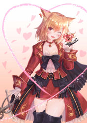 Rule 34 | 1girl, absurdres, animal ears, black footwear, black gloves, blonde hair, blush, boots, breasts, cat ears, choker, cleavage, cocoasabure, earrings, facial mark, final fantasy, final fantasy xiv, gloves, gradient background, heart, highres, jewelry, looking at viewer, medium breasts, miqo&#039;te, one eye closed, open mouth, red eyes, red mage (final fantasy), short hair, slit pupils, smile, solo, standing, sword, thigh boots, thighhighs, valentine, weapon, whisker markings