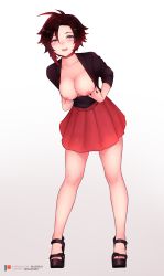 Rule 34 | 1girl, absurdres, alternate costume, black hair, black shirt, bluefield, blush, breasts, choker, clothes pull, flashing, full body, gradient hair, grey eyes, hair between eyes, high heels, highres, looking at viewer, multicolored hair, nipples, no bra, open mouth, platform footwear, pulling own clothes, red hair, red skirt, ruby rose, rwby, sandals, shirt, short hair, skirt, smile, solo, thighs, two-tone hair