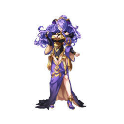 Rule 34 | 1girl, alternate costume, alternate hairstyle, bridal gauntlets, camilla (fire emblem), conope, fire emblem, fire emblem fates, fire emblem heroes, full body, hair over one eye, high heels, long hair, nintendo, parted lips, purple eyes, purple hair, simple background, solo, twitter username, white background