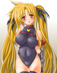 Rule 34 | 00s, 1girl, bardiche (nanoha), bare shoulders, bdsm, belt, blonde hair, blush, bondage, bound, breasts, fate testarossa, fate testarossa (lightning form), gloves, hair ornament, hair ribbon, impossible clothes, impossible shirt, large breasts, long hair, lyrical nanoha, mahou shoujo lyrical nanoha, mahou shoujo lyrical nanoha strikers, mio (fastest lap), red eyes, ribbon, shirt, solo, standing, thighhighs, twintails, very long hair