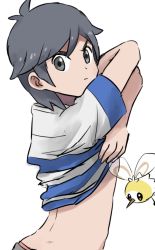 Rule 34 | 1boy, black hair, creatures (company), cutiefly, elio (pokemon), from behind, game freak, gen 7 pokemon, grey eyes, highres, kometubu0712, looking at viewer, male focus, nintendo, pokemon, pokemon (creature), pokemon sm, shirt, short hair, simple background, striped clothes, striped shirt, swept bangs, t-shirt, undressing, upper body, white background
