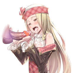 Rule 34 | 10s, 1girl, bare shoulders, blonde hair, blush, breasts, censored, cleavage, colored skin, cum, cum in mouth, cum on body, cum on tongue, cum on upper body, cum string, diola (granblue fantasy), facial, granblue fantasy, h kasei, heart, heart censor, hetero, long hair, open mouth, penis, purple skin, small breasts, smile, solo, solo focus, tongue, yellow eyes