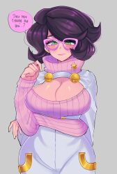Rule 34 | 1girl, adapted costume, arm under breasts, big hair, blush, breast hold, breasts, cleavage, creatures (company), embarrassed, game freak, glasses, green eyes, highres, large breasts, long sleeves, looking at viewer, nintendo, pink-framed eyewear, pink sweater, pokemon, pokemon sm, purple hair, ribbed sweater, ruinique, solo, sweater, turtleneck, turtleneck sweater, wicke (pokemon), wide hips