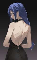Rule 34 | 1girl, absurdres, alternate costume, back, backless dress, backless outfit, black dress, blue eyes, blue hair, braid, braided ponytail, dress, from behind, highres, izei1337, long hair, looking back, mushoku tensei, roxy migurdia, shoulder blades, sidelocks, solo