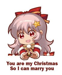 Rule 34 | 1girl, bow, chibi, christmas, english text, engrish text, fujiwara no mokou, fur-trimmed sleeves, fur trim, hair between eyes, hair bow, hair ornament, holding, jewelry, jokanhiyou, long hair, long sleeves, looking at viewer, multiple boys, no nose, open mouth, outstretched arms, pink hair, marriage proposal, pun, ranguage, ring, santa costume, simple background, smile, solo, star (symbol), star hair ornament, touhou, upper body, white background