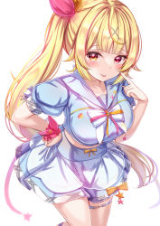 Rule 34 | 1girl, :p, blonde hair, blue sailor collar, blue shirt, blue skirt, blush, bow, bowtie, breasts, crop top, finger to cheek, hair ornament, hand on own hip, hand up, heterochromia, highres, hoshikawa sara, hoshikawa sara (3rd costume), large breasts, long hair, looking at viewer, multicolored hair, nijisanji, red eyes, sailor collar, shirt, side ponytail, sidelocks, simple background, skirt, solo, streaked hair, thigh strap, tongue, tongue out, very long hair, virtual youtuber, white background, white bow, white bowtie, x hair ornament, yellow eyes, yuano