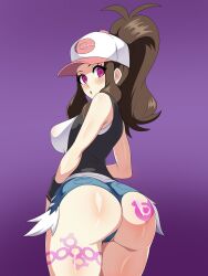 Rule 34 | 1girl, :o, alternate breast size, alternate eye color, ass, ass focus, ass tattoo, black vest, blush, breasts, brown hair, corruption, creatures (company), curvy, denim, denim shorts, game freak, high ponytail, hilda (pokemon), huge ass, hypnosis, large breasts, leg tattoo, legs together, lips, long hair, looking at viewer, looking back, ludinsketches, micro shorts, mind control, nintendo, pants, pecharunt, pokemon, pokemon bw, purple eyes, shorts, silhouette, skindentation, solo, tank top, tattoo, thick thighs, thighs, vest, white tank top, wide hips