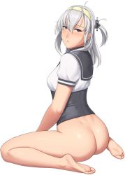 Rule 34 | 1girl, ass, barefoot, black sailor collar, blue eyes, blush, bottomless, breasts, closed mouth, corset, dimples of venus, expressionless, feet, from side, full body, hair between eyes, hairband, highres, kantai collection, long hair, looking at viewer, looking to the side, lvl (sentrythe2310), medium hair, one side up, sailor collar, shiny skin, shirt, silhouette, simple background, sitting, small breasts, soles, solo, suzutsuki (kancolle), very long hair, wariza, white background, white shirt, yellow hairband