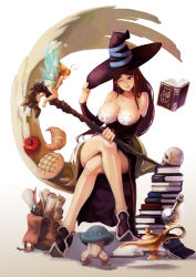 Rule 34 | 2girls, :p, apple, atlus, book, breasts, cleavage, dragon&#039;s crown, food, fruit, hat, highres, lamp, large breasts, legs, crossed legs, long hair, multiple girls, one eye closed, red eyes, red hair, scroll, sitting, skull, sorceress (dragon&#039;s crown), staff, tienao, tiki (dragon&#039;s crown), tongue, tongue out, vanillaware, wink, witch hat
