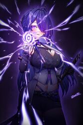 Rule 34 | 1girl, acheron (honkai: star rail), black shorts, breasts, cleavage, glowing symbol, hair over one eye, highres, holding, holding sword, holding weapon, honkai: star rail, honkai (series), katana, looking at viewer, navel, purple eyes, purple hair, shorts, signature, solo, sword, weapon, zero130