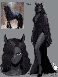 Rule 34 | 1girl, absurdres, animal ears, arms at sides, black dress, black eyes, black hair, black skin, breasts, collarbone, colored skin, dress, full body, gegegekman, grey background, hair over one eye, high heels, highres, horse, horse ears, horse girl, long hair, looking at viewer, medium breasts, original, photo-referenced, reference inset, side slit, solo, tall female, very long hair, wavy hair