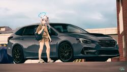 Rule 34 | 1girl, absurdres, alternate costume, bag, blue archive, blue halo, blush, brown shirt, brown shorts, car, cellphone, day, grey hair, hair between eyes, halo, highres, holding, holding phone, long hair, miyako (blue archive), motor vehicle, nougat (73r1r1), one side up, outdoors, parted lips, phone, purple eyes, shirt, shoes, shorts, signature, smartphone, socks, solo, subaru (brand), vehicle request, white footwear, white socks