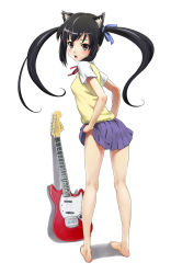 Rule 34 | 00s, 1girl, animal ears, barefoot, black hair, blush, brown eyes, cat ears, cat girl, clothes lift, feet, female focus, fukukitaru, full body, guitar, highres, instrument, k-on!, legs, looking back, mustang (guitar), nakano azusa, open mouth, school uniform, skirt, skirt lift, solo, sweater vest, twintails, white background