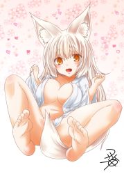 Rule 34 | 1girl, animal ear fluff, animal ears, bare legs, barefoot, blush, bottomless, breasts, cleavage, collarbone, fang, feet, fox ears, fox tail, heart, kohaku (yua), large breasts, long hair, looking at viewer, naked shirt, navel, open mouth, original, shirt, signature, slit pupils, smile, soles, solo, stomach, tail, thick eyebrows, toes, white hair, white shirt, yellow eyes, yua (checkmate)