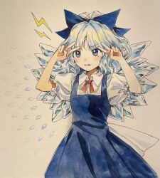 Rule 34 | 1girl, absurdres, blue bow, blue dress, blue eyes, blue hair, blush, bow, cirno, collared shirt, dress, fairy, hair bow, highres, ice, ice wings, kaigen 1025, open mouth, pinafore dress, puffy short sleeves, puffy sleeves, shirt, short hair, short sleeves, sleeveless, sleeveless dress, solo, touhou, traditional media, white shirt, wings