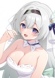 Rule 34 | 1girl, :d, absurdres, arm at side, back bow, bare shoulders, black hairband, blue eyes, blue pupils, blush, bow, breasts, bridal veil, cleavage, collarbone, commentary request, crossed bangs, detached collar, dress, firefly (honkai: star rail), gradient hair, green bow, green hair, grey hair, hair between eyes, hair bow, hair intakes, hairband, hand up, highres, honkai: star rail, honkai (series), large breasts, long hair, looking at viewer, multicolored hair, open mouth, pink eyes, revision, ruochi lk, sidelocks, smile, solo, strapless, strapless dress, two-tone eyes, upper body, veil, wedding dress, white bow, white dress, white veil