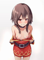 Rule 34 | 1girl, belt, belt collar, black choker, black gloves, breasts, brown belt, brown hair, choker, clenched teeth, clothes pull, collarbone, commentary request, dress, dress pull, embarrassed, fingerless gloves, gloves, highres, kono subarashii sekai ni shukufuku wo!, looking at viewer, megumin, nipples, no headwear, pulled by self, red dress, red eyes, shimada sarasara, short dress, short hair with long locks, simple background, small breasts, solo, tearing up, teeth, variant set