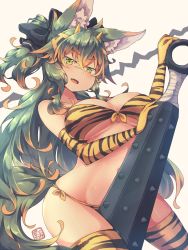 Rule 34 | 1girl, animal ears, animal print, beige background, bikini, black bow, bow, breasts, club, club (weapon), commentary request, crossed bangs, elbow gloves, gloves, green eyes, green hair, hair between eyes, hair bow, highres, horns, kanabou, kuromiya, kuromiya raika, long hair, looking at viewer, multicolored hair, orange hair, original, print bikini, simple background, solo, swimsuit, thighs, tiger print, two-tone hair, very long hair, weapon, yellow bikini, yellow gloves, yellow horns