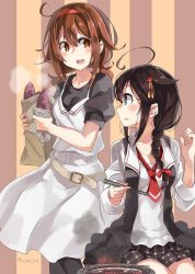 Rule 34 | 2girls, :d, ahoge, bag, belt, black hair, blue eyes, blush, braid, braided ponytail, brown eyes, brown hair, casual, chopsticks, commentary request, food, hair flaps, hair ornament, hairband, kantai collection, looking to the side, multiple girls, necktie, open mouth, paper bag, remodel (kantai collection), roasted sweet potato, shigure (kancolle), shiratsuyu (kancolle), short hair, single braid, smile, striped, striped background, sugue tettou, sweet potato, twitter username, roasted sweet potato