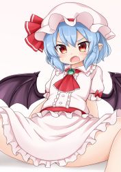 Rule 34 | 1girl, ascot, bat wings, blue hair, blush, bow, brooch, center frills, commentary request, dress, fang, feet out of frame, flat chest, frills, hat, hat ribbon, highres, jewelry, kneehighs, mob cap, pink dress, pink hat, puffy short sleeves, puffy sleeves, red ascot, red bow, red eyes, red ribbon, remilia scarlet, revision, ribbon, short hair, short sleeves, simple background, sitting, socks, solo, spread legs, suwa yasai, sweat, touhou, v-shaped eyebrows, white background, white socks, wings