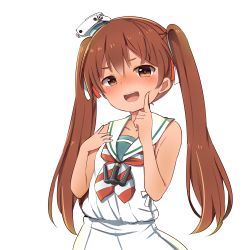 Rule 34 | &gt;:d, 10s, 1girl, :d, absurdres, bare arms, bare shoulders, blush, brown eyes, brown hair, collarbone, dark-skinned female, dark skin, dress, finger to cheek, hair ribbon, hand on own chest, hat, highres, kantai collection, libeccio (kancolle), long hair, looking at viewer, neckerchief, nose blush, open mouth, ribbon, round teeth, sailor dress, simple background, sleeveless, sleeveless dress, smile, solo, striped, striped neckerchief, striped neckwear, tareme, teeth, tonari (ichinichime azuma), twintails, upper body, v-shaped eyebrows, very long hair, white background, white dress, white hat