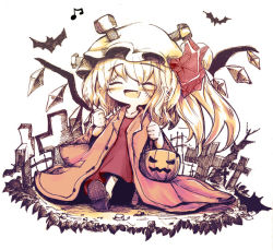 Rule 34 | 1girl, bat (animal), beamed eighth notes, blonde hair, clenched hands, coat, commentary request, crystal, closed eyes, fang, flandre scarlet, graveyard, halloween bucket, halloween costume, hat, kouba, mob cap, musical note, open mouth, orange coat, oversized clothes, shoe soles, solo, touhou, walking, wings