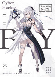 Rule 34 | 1girl, absurdres, asymmetrical gloves, black gloves, black ribbon, breasts, bronya zaychik, bronya zaychik (silverwing: n-ex), character name, cleavage, closed mouth, commentary request, copyright name, dress, elbow gloves, full body, gloves, grey eyes, grey hair, hair ribbon, hand up, highres, holding, honkai (series), honkai impact 3rd, kosaka kaslana, long hair, medium breasts, ponytail, ribbon, shoes, single elbow glove, smile, solo, standing, very long hair, white background, white dress, white footwear, white gloves