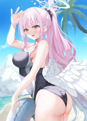 Rule 34 | 1girl, ass, blue archive, looking at viewer, mika (blue archive), open mouth, outdoors, pink hair, smile, solo, swimsuit, wings, yana mori, yellow eyes