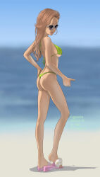 Rule 34 | 1girl, absurdres, beach, bikini, brown hair, dated, day, full body, green bikini, hand on own hip, heel up, highres, legs, lipstick, looking at viewer, makeup, original, outdoors, sand, sandals, shadow, solo, standing, sunglasses, swimsuit, white-framed eyewear, y.kami nao/take