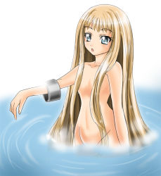 Rule 34 | 1girl, blonde hair, blush, bracelet, breasts, collarbone, convenient censoring, eyebrows, groin, hair censor, hair over breasts, jewelry, long hair, lowres, lucy (mx0), mx0, navel, nude, outstretched arm, partially submerged, grey eyes, small breasts, solo, standing, stomach, thick eyebrows, very long hair, wading, water, wet