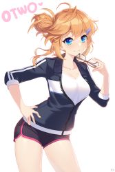 Rule 34 | 1girl, antenna hair, bad id, bad pixiv id, blonde hair, blue eyes, blush, breasts, cleavage, closed mouth, commentary request, contrapposto, copyright request, dolphin shorts, grey jacket, hair bun, hair ornament, hairclip, hand on own hip, highres, holding, holding removed eyewear, jacket, looking at viewer, medium breasts, open clothes, open jacket, otwo, otwo channel, rheez, short shorts, shorts, signature, simple background, single hair bun, smile, solo, standing, unworn eyewear, virtual youtuber, white background