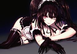 Rule 34 | 1girl, absurdres, apron, bare shoulders, black gloves, black hair, black thighhighs, breasts, cleavage, clock eyes, commentary, commentary request, commission, date a live, english commentary, gloves, hairband, heterochromia, highres, jin grey paladin, large breasts, lolita hairband, long hair, looking at viewer, lying, maid, maid apron, naughty face, on side, parted lips, red eyes, smile, solo, symbol-shaped pupils, thighhighs, tokisaki kurumi, twintails, uneven twintails, yellow eyes