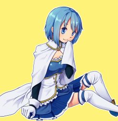 Rule 34 | 10s, 1girl, blue eyes, blue hair, cape, gloves, magical girl, mahou shoujo madoka magica, mahou shoujo madoka magica (anime), matching hair/eyes, miki sayaka, short hair, simple background, sitting, smile, solo, soul gem, thighhighs, white gloves, white thighhighs, yellow background, zettai ryouiki