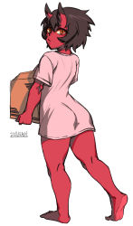 Rule 34 | 1girl, barefoot, box, brown hair, cardboard box, closed mouth, colored skin, from behind, holding, holding box, horns, kidouko (zakusi), looking at viewer, looking back, naked shirt, oni, oni horns, orange eyes, original, pink shirt, red oni, red skin, shirt, short hair, signature, soles, solo, symbol-only commentary, walking, zakusi