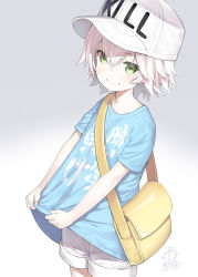 Rule 34 | 10s, 1girl, bag, baseball cap, blue shirt, blush, capriccio, closed mouth, clothes writing, commentary request, cosplay, dated, english text, facial scar, fate/grand order, fate (series), gradient background, green eyes, grey background, hair between eyes, hat, hataraku saibou, headwear writing, jack the ripper (fate/apocrypha), looking at viewer, platelet (hataraku saibou), platelet (hataraku saibou) (cosplay), scar, scar across eye, scar on cheek, scar on face, shirt, short hair, short shorts, short sleeves, shorts, shoulder bag, signature, simple background, smile, solo, translation request, white background, white hair, white hat, white shirt, white shorts, you work you lose