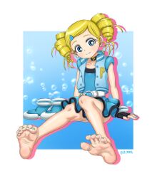 Rule 34 | 1girl, absurdres, barefoot, black gloves, blonde hair, blue eyes, blue vest, blush, bright pupils, curly hair, drill hair, earrings, fingerless gloves, gloves, goutokuji miyako, hair ornament, hairclip, highres, jewelry, looking at viewer, nail polish, powerpuff girls z, rolling bubbles, shoes, sitting, smile, soles, solo, tsukimaru (ls 99ml), twin drills, vest, white pupils