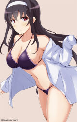 Rule 34 | 1girl, :&lt;, bare shoulders, bikini, black hair, blush, breasts, brown background, cleavage, closed mouth, collarbone, commentary request, cowboy shot, expressionless, hairband, halterneck, hands in opposite sleeves, kasumigaoka utaha, large breasts, leaning forward, long hair, looking at viewer, multi-strapped bikini, navel, off shoulder, open clothes, open shirt, purple bikini, red eyes, saenai heroine no sodatekata, shiny skin, shirt, side-tie bikini bottom, sidelocks, simple background, sleeves past wrists, solo, standing, standing on one leg, stomach, string bikini, swimsuit, tareme, tasora, thighs, white hairband