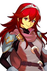 Rule 34 | 1girl, absurdres, armor, artist name, brand of the exalt, cape, closed mouth, commentary, english commentary, fire emblem, fire emblem awakening, hair between eyes, highres, long hair, long sleeves, looking at viewer, lucina (fire emblem), nintendo, official alternate color, red eyes, red hair, shoulder armor, sidelocks, smgold, smile, solo, super smash bros., symbol in eye, tiara, upper body, white background