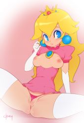 Rule 34 | 1girl, ass, blonde hair, blue eyes, blush, breasts, breasts out, cleft of venus, crown, doxy, earrings, elbow gloves, eyeshadow, g-string, gloves, jewelry, leggings, long hair, makeup, mario (series), micro panties, nintendo, nipples, panties, partially visible vulva, princess peach, pussy, ribbon, small breasts, solo, spread legs, super mario bros. 1, thighhighs, thong, uncensored, underwear, white leggings, white thighhighs